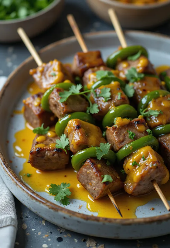Sosatie bárányhússal, grillezett hús és zöldségek, korianderrel díszítve