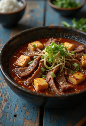 A gazdag és ínycsiklandó Sült Yukgaejang, koreai fűszerekkel és tofuval.