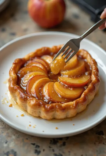 Tarte Tatin almával, frissen tálalva karamellizált almával és leveles tésztával