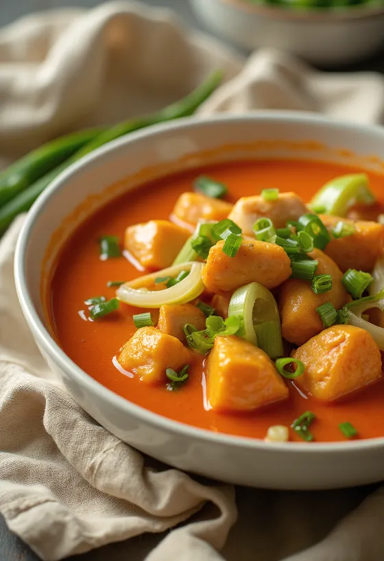 Thai vörös curry csirke tálalva rizs és zöldségekkel
