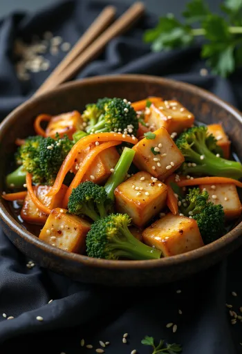 Tofu stir fry ropogós zöldségekkel tálalva