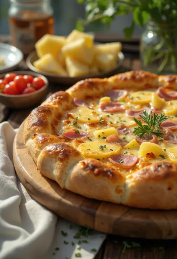 Töltött szélű Hawaii pizza sajttal tálalva