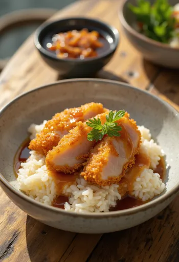 Tonkatsu don, ropogós hús szeletek rizsen, katsu szósszal és zöldhagymával tálalva.
