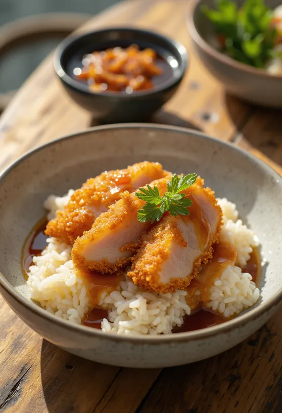 Tonkatsu don, ropogós hús szeletek rizsen, katsu szósszal és zöldhagymával tálalva.