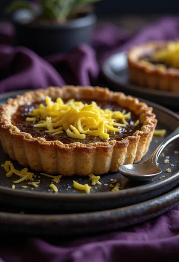 Vegán treacle tart, aranybarna színű pite, szeletelve és tálalva