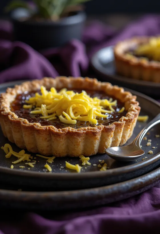Vegán treacle tart, aranybarna színű pite, szeletelve és tálalva