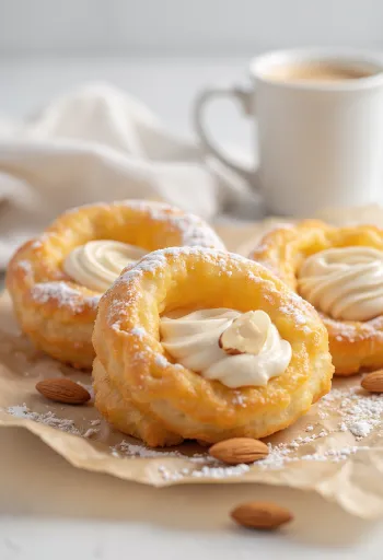 Zeppole mandulakrémmel, porcukorral meghintve, belül krémmel töltve