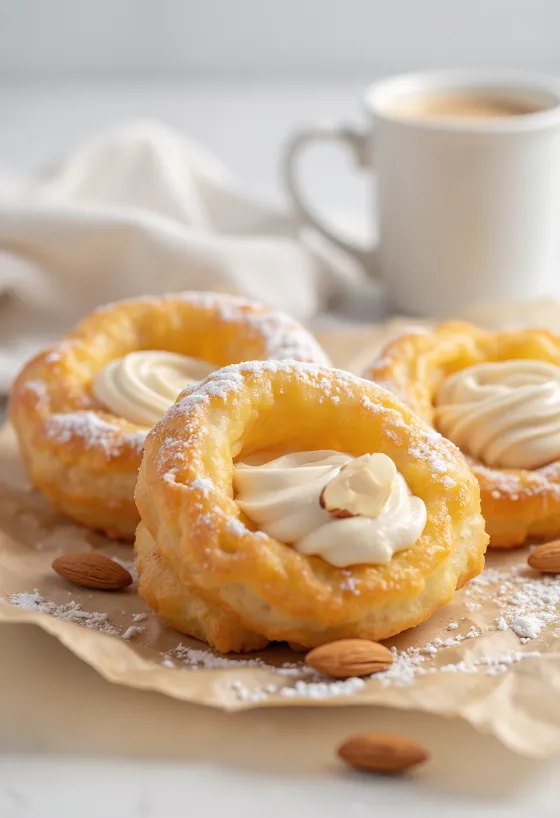 Zeppole mandulakrémmel, porcukorral meghintve, belül krémmel töltve