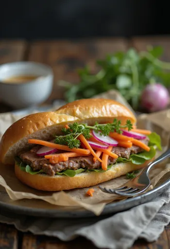 Bánh Mì Pa-Té májas szendvics friss zöldségekkel és korianderrel tálalva.