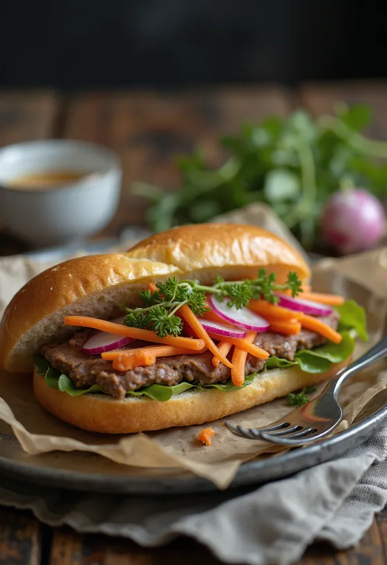 Bánh Mì Pa-Té májas szendvics friss zöldségekkel és korianderrel tálalva.