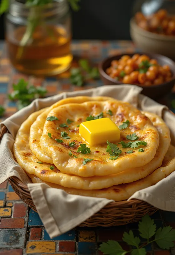 Bhature vajjal, egy tál friss, ropogós lepény vajjal megkenve