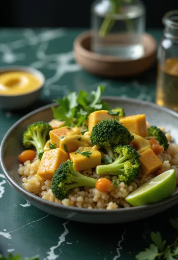 Brokkolis quinoa Buddha-tál currys tahini tofuval tálalva