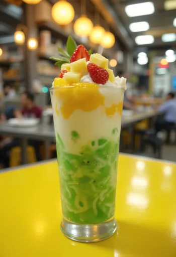 Cendol vegyes gyümölcsökkel, friss gyümölcsök és jégkockák kókusztejes alapban