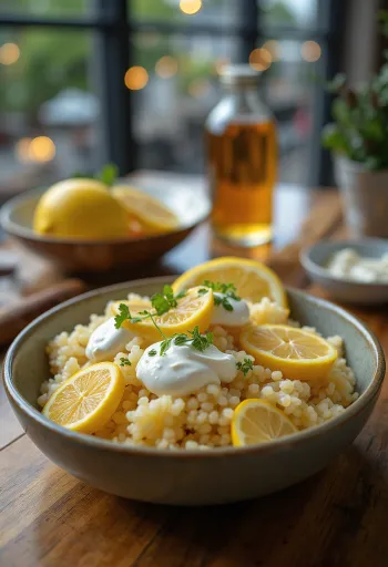 Couscous joghurttal tálalva, friss menta levelekkel díszítve
