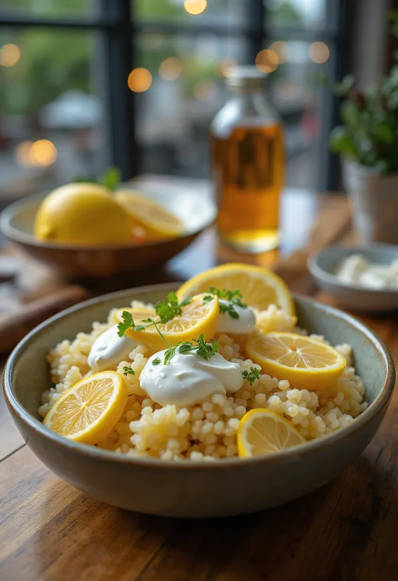 Couscous joghurttal tálalva, friss menta levelekkel díszítve
