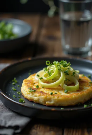 Crumpet póréhagymával tálalva, frissen sütve, aranybarna külsejével