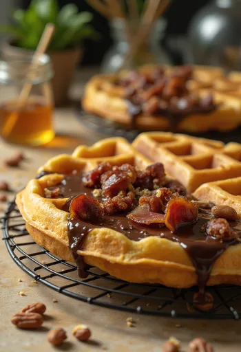 Csokoládéba mártott baconös gofri tálalva