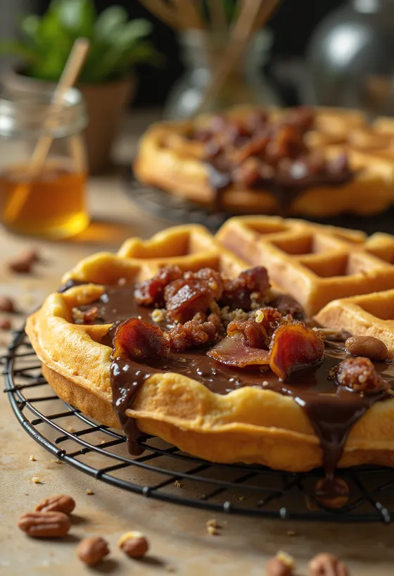 Csokoládéba mártott baconös gofri tálalva