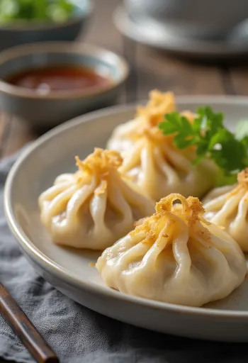 Tofuval töltött ropogós gyoza batyuk szezámmaggal és szójaszósszal tálalva