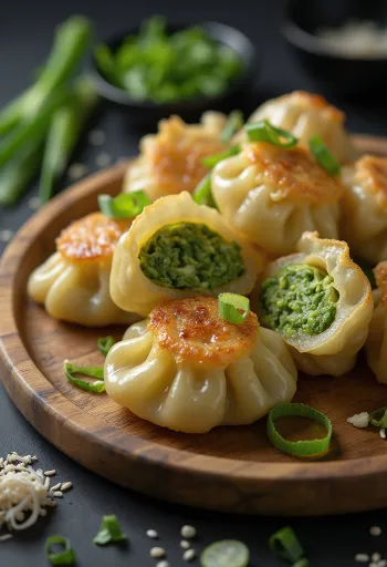 Gyoza zöldségekkel, friss zöldségekkel töltött, ropogós tésztában.