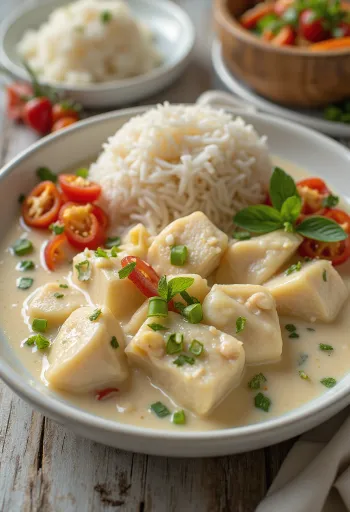 Hal Bicol Express, kókusztejben főzött hal csípős chili paprikával tálalva