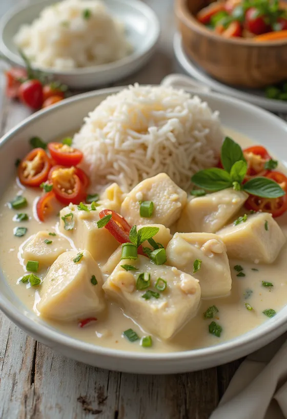 Hal Bicol Express, kókusztejben főzött hal csípős chili paprikával tálalva