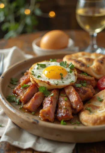 Iskender kebab sült padlizsánnal joghurtos fokhagymás öntettel és pirított pitával tálalva
