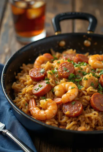 Jambalaya fokhagymával, csirkehússal és tenger gyümölcseivel, friss korianderrel tálalva
