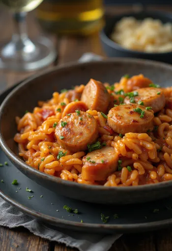 Jambalaya füstölt kolbásszal, egy gazdag étel csirkével, kolbásszal és rizzsel tálalva