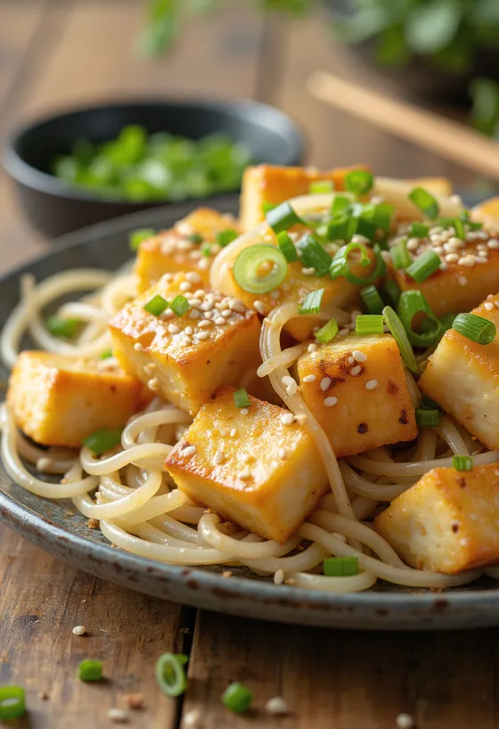 Japchae tofuval tálalva, édesburgonya tésztával és zöldségekkel