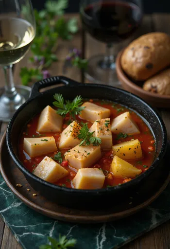Marmitako con vino blanco egy tálban, tonhal, burgonya és zöldségek láthatók gazdag lében