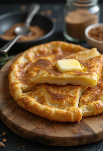 Martabak manis fahéjas cukorral, aranybarna tészta fahéjas töltelékkel