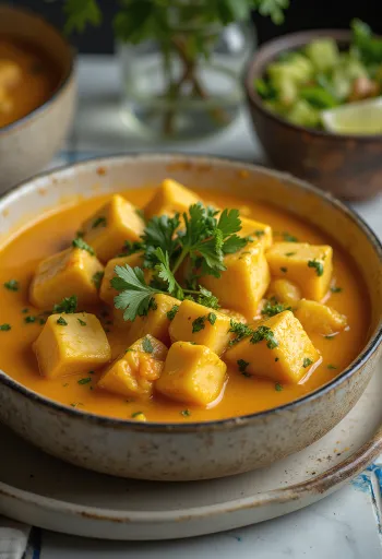 Moqueca tálalva tofukkal, halakkal és kókusztejjel