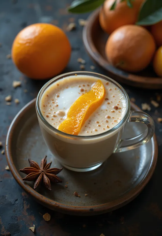 Narancsos chai tea bögrében, fahéjrúddal és narancsszelettel díszítve
