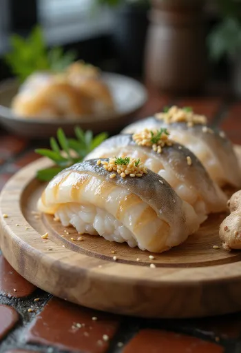 Oshizushi makrélával, zöldségekkel és sésámmaggal díszítve