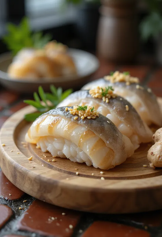 Oshizushi makrélával, zöldségekkel és sésámmaggal díszítve