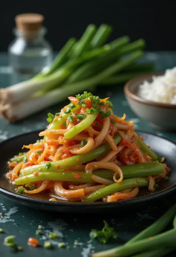 Pa kimchi, tavaszi hagyma, piros fűszeres pasztával befedve