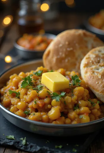 Pav bhaji khada változatban, gazdag zöldségekkel és vöröslencsével tálalva