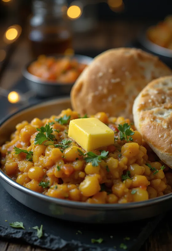 Pav bhaji khada változatban, gazdag zöldségekkel és vöröslencsével tálalva