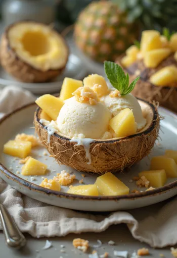 Pina Colada fagylalt kókuszdarabokkal és ananásszal tálalva