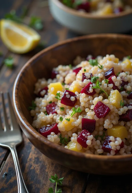 Prebiotikus céklás quinoa saláta, friss petrezselyemmel díszítve