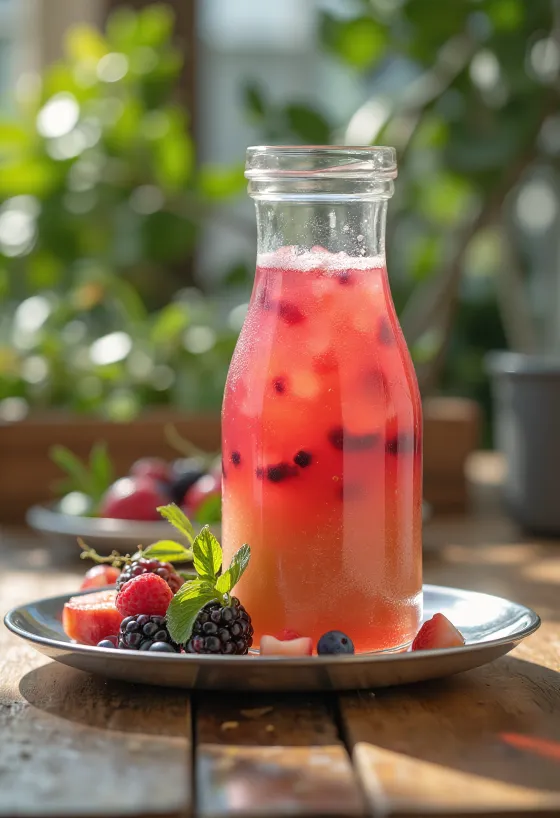 Probiotikus gyümölcsízesített kombucha színes gyümölcsdarabokkal üvegben tálalva