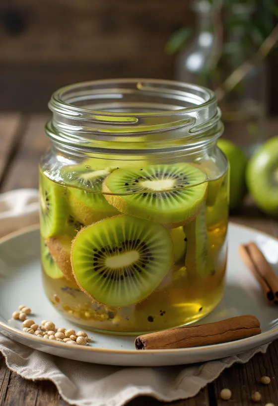 Savanyított kiwi üvegben tálalva