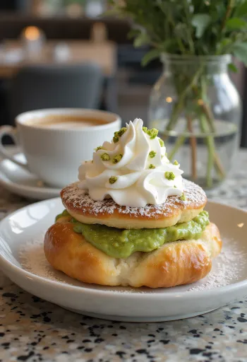 Semla pisztáciás töltelékkel, porcukorral díszítve