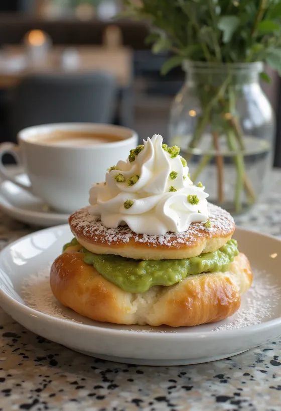 Semla pisztáciás töltelékkel, porcukorral díszítve