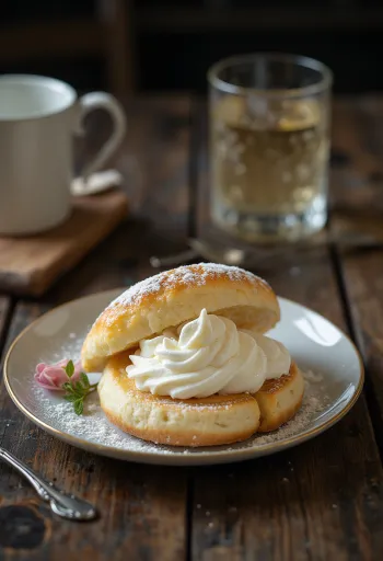 Semlor vaníliakrémmel töltve, tetejükön kalapszerű zsemletetővel, tálalva