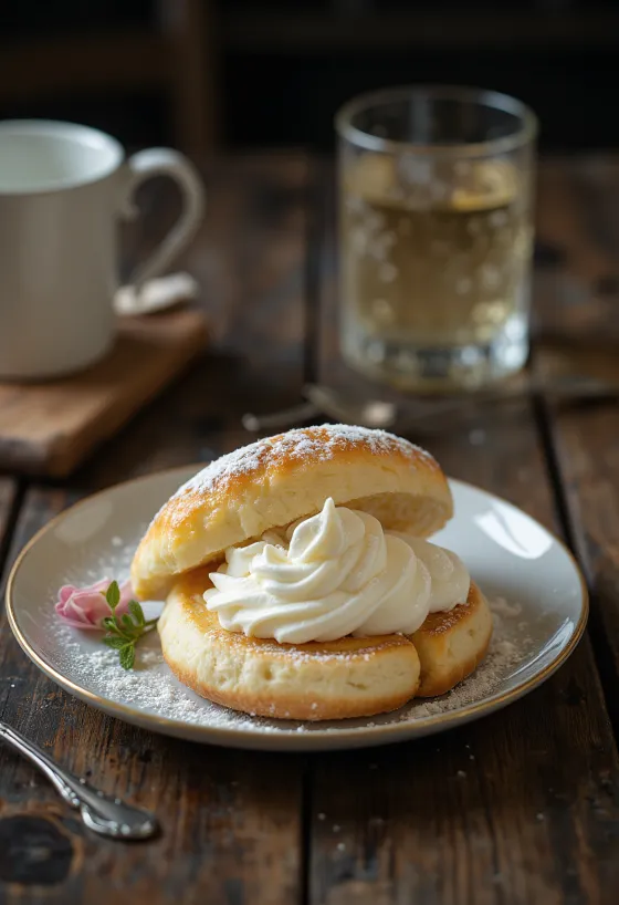 Semlor vaníliakrémmel töltve, tetejükön kalapszerű zsemletetővel, tálalva