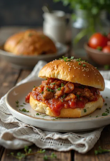 Paradicsomos szósszal készült Sloppy Joe szendvics, gazdagon elhelyezett darálthúsos töltelékkel