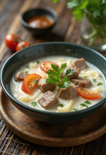 Soto Betawi marhahúsos kókusztejes leves, friss korianderrel és lime levével tálalva