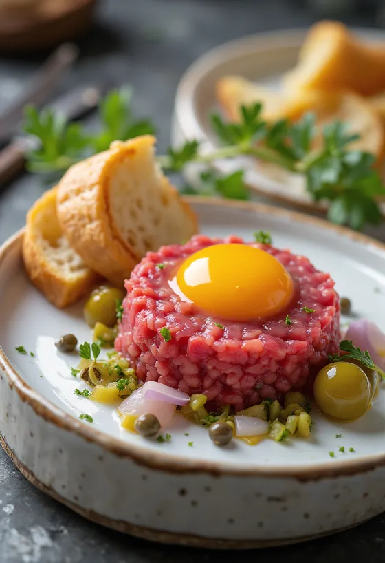 Steak Tartare tálalva tojássárgájával és pirítóssal